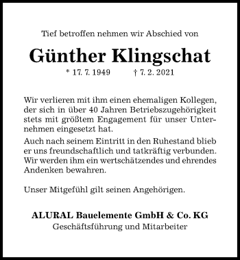 Traueranzeige von Günther Klingschat von Hildesheimer Allgemeine Zeitung