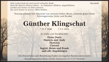 Traueranzeige von Günther Klingschat von Hildesheimer Allgemeine Zeitung