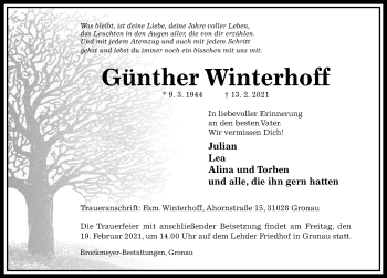 Traueranzeige von Günther Winterhoff von Hildesheimer Allgemeine Zeitung