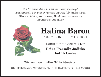 Traueranzeige von Halina Baron von Hildesheimer Allgemeine Zeitung