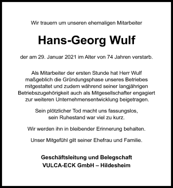 Traueranzeige von Hans-Georg Wulf von Hildesheimer Allgemeine Zeitung