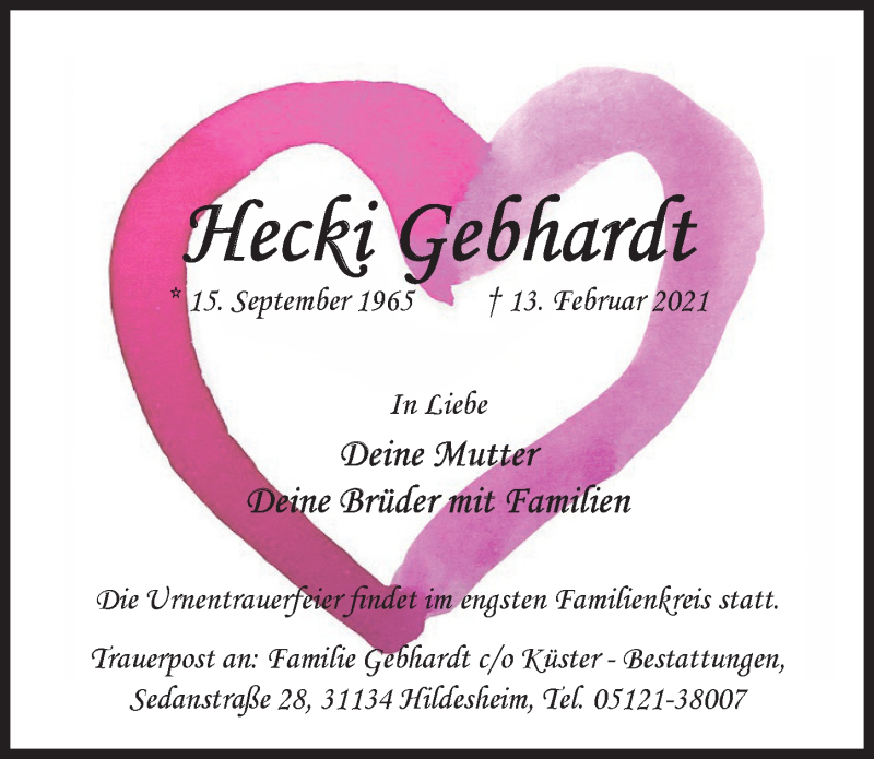  Traueranzeige für Hecki Gebhardt vom 17.02.2021 aus Hildesheimer Allgemeine Zeitung