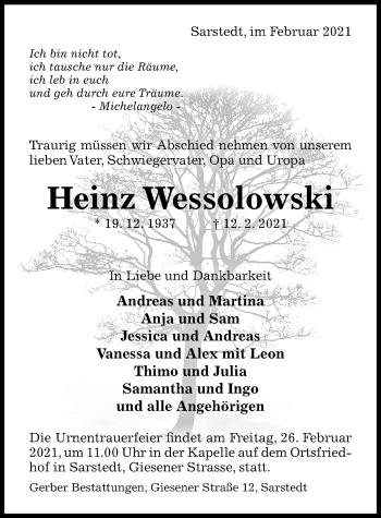 Traueranzeige von Heinz Wessolowski von Hildesheimer Allgemeine Zeitung