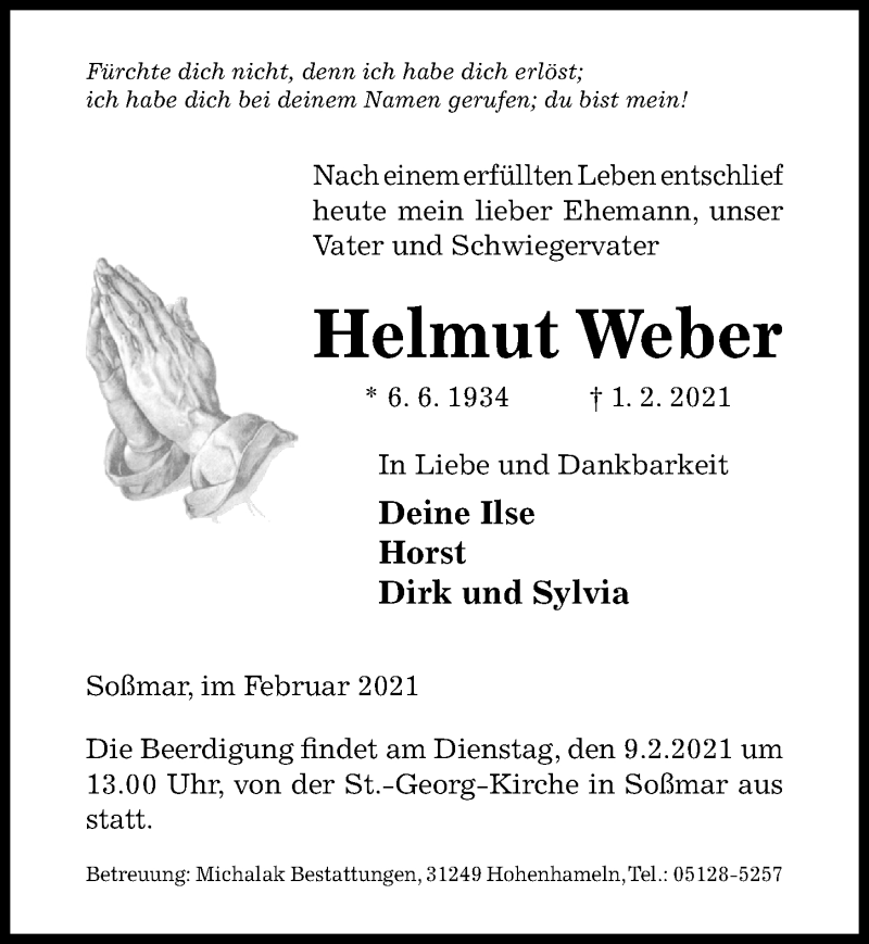  Traueranzeige für Helmut Weber vom 04.02.2021 aus Hildesheimer Allgemeine Zeitung
