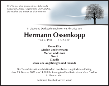Traueranzeige von Hermann Ossenkopp von Hildesheimer Allgemeine Zeitung
