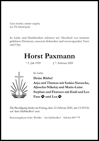Traueranzeige von Horst Paxmann von Hildesheimer Allgemeine Zeitung