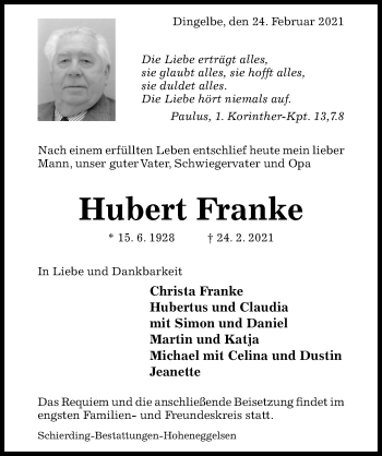 Traueranzeige von Hubert Franke von Hildesheimer Allgemeine Zeitung