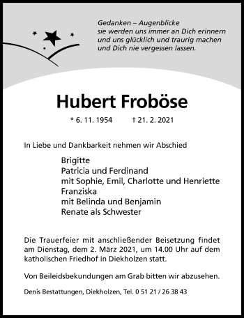 Traueranzeige von Hubert Froböse von Hildesheimer Allgemeine Zeitung