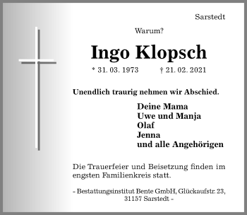 Traueranzeige von Ingo Klopsch von Hildesheimer Allgemeine Zeitung