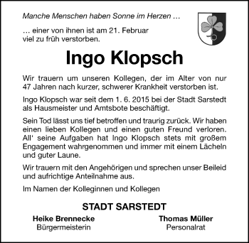 Traueranzeige von Ingo Klopsch von Hildesheimer Allgemeine Zeitung