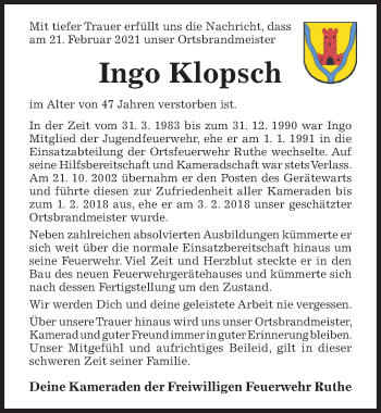 Traueranzeige von Ingo Klopsch von Hildesheimer Allgemeine Zeitung