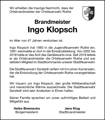 Traueranzeige von Ingo Klopsch von Hildesheimer Allgemeine Zeitung