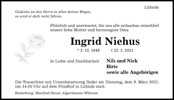Traueranzeige von Ingrid Niehus von Hildesheimer Allgemeine Zeitung