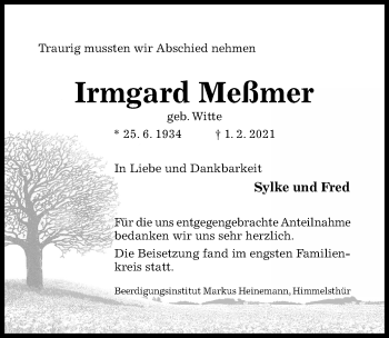 Traueranzeige von Irmgard Meßmer von Hildesheimer Allgemeine Zeitung