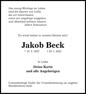 Traueranzeige von Jakob Beck von Hildesheimer Allgemeine Zeitung