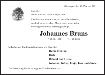 Traueranzeige von Johannes Bruns von Hildesheimer Allgemeine Zeitung