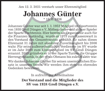 Traueranzeige von Johannes Günter von Hildesheimer Allgemeine Zeitung