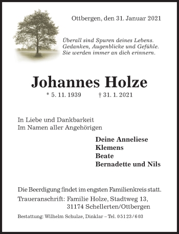Traueranzeige von Johannes Holze von Hildesheimer Allgemeine Zeitung