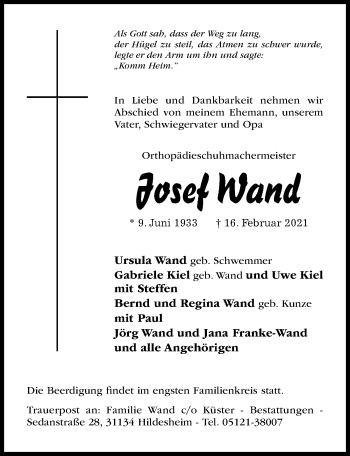 Traueranzeige von Josef Wand von Hildesheimer Allgemeine Zeitung