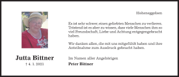 Traueranzeige von Jutta Bittner von Hildesheimer Allgemeine Zeitung