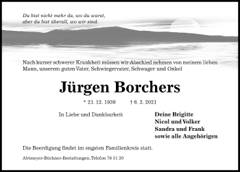 Traueranzeige von Jürgen Borchers von Hildesheimer Allgemeine Zeitung