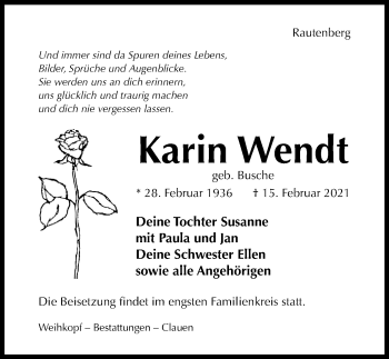 Traueranzeige von Karin Wendt von Hildesheimer Allgemeine Zeitung