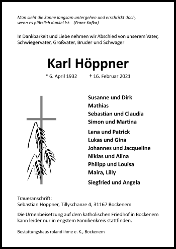 Traueranzeige von Karl Höppner von Hildesheimer Allgemeine Zeitung