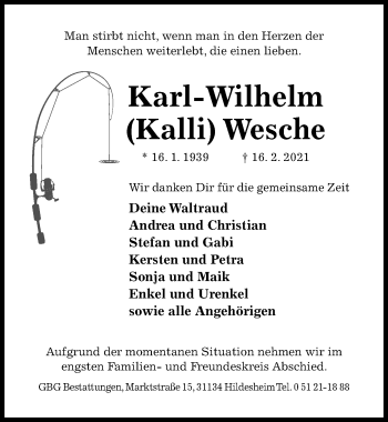 Traueranzeige von Karl-Wilhelm Wesche von Hildesheimer Allgemeine Zeitung
