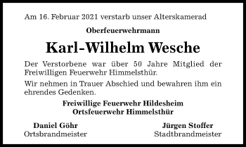 Traueranzeige von Karl-Wilhelm Wesche von Hildesheimer Allgemeine Zeitung