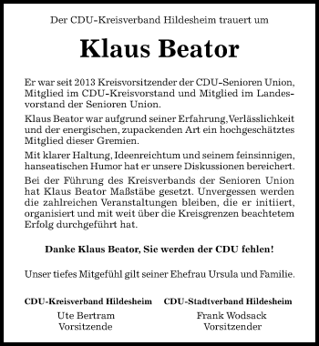 Traueranzeige von Klaus Beator von Hildesheimer Allgemeine Zeitung