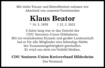 Traueranzeige von Klaus Beator von Hildesheimer Allgemeine Zeitung