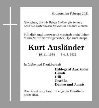 Traueranzeige von Kurt Ausländer von Hildesheimer Allgemeine Zeitung