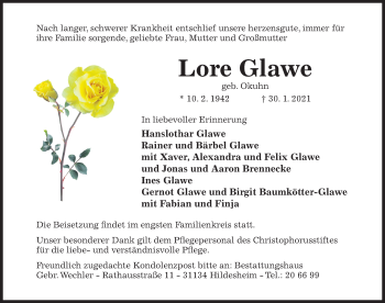 Traueranzeige von Lore Glawe von Hildesheimer Allgemeine Zeitung