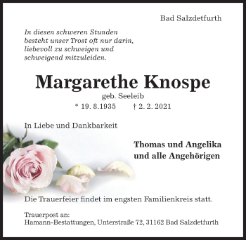 Traueranzeige von Margarethe Knospe von Hildesheimer Allgemeine Zeitung