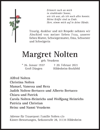 Traueranzeige von Margret Nolten von Hildesheimer Allgemeine Zeitung