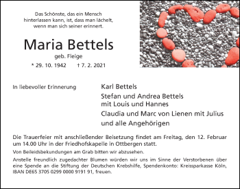 Traueranzeige von Maria Bettels von Hildesheimer Allgemeine Zeitung