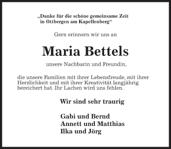 Traueranzeige von Maria Bettels von Hildesheimer Allgemeine Zeitung