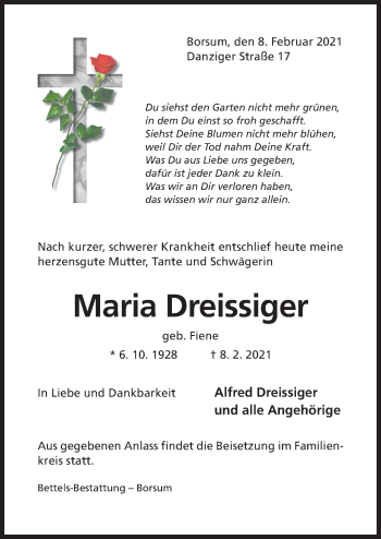 Traueranzeige von Maria Dreissiger von Hildesheimer Allgemeine Zeitung