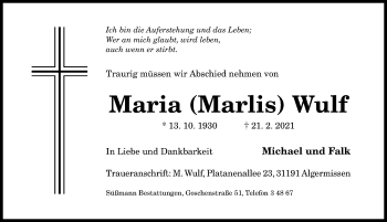 Traueranzeige von Maria Wulf von Hildesheimer Allgemeine Zeitung