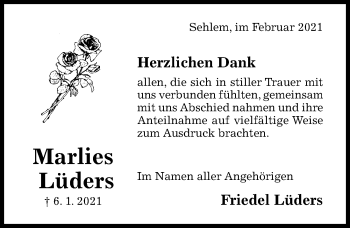 Traueranzeige von Marlies Lüders von Hildesheimer Allgemeine Zeitung