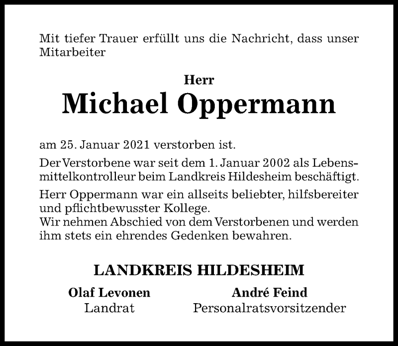  Traueranzeige für Michael Oppermann vom 03.02.2021 aus Hildesheimer Allgemeine Zeitung