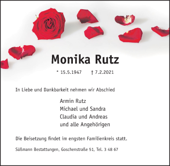 Traueranzeige von Monika Rutz von Hildesheimer Allgemeine Zeitung