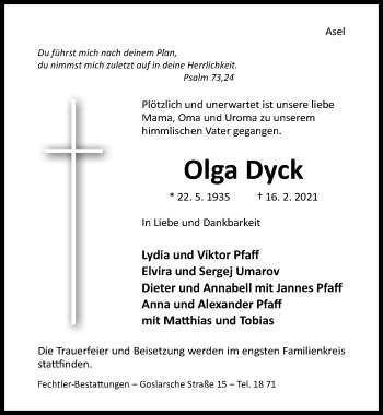 Traueranzeige von Olga Dyck von Hildesheimer Allgemeine Zeitung