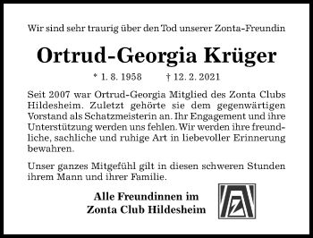 Traueranzeige von Ortrud-Georgia Krüger von Hildesheimer Allgemeine Zeitung