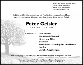 Traueranzeige von Peter Geisler von Hildesheimer Allgemeine Zeitung