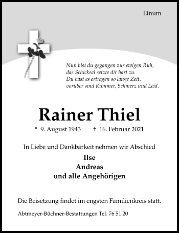 Traueranzeige von Rainer Thiel von Hildesheimer Allgemeine Zeitung