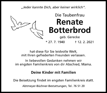 Traueranzeige von Renate Botterbrod von Hildesheimer Allgemeine Zeitung