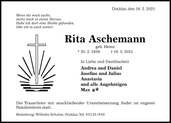 Traueranzeige von Rita Aschemann von Hildesheimer Allgemeine Zeitung