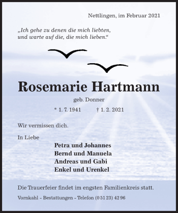 Traueranzeige von Rosemarie Hartmann von Hildesheimer Allgemeine Zeitung