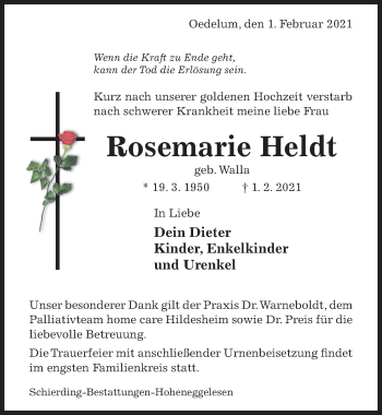 Traueranzeige von Rosemarie Heldt von Hildesheimer Allgemeine Zeitung